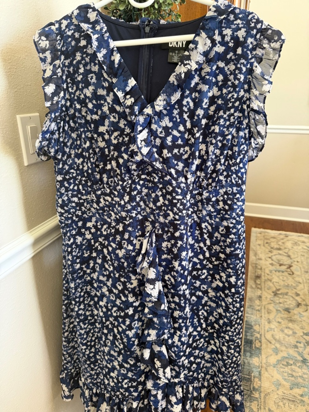 DKNY Navy and White Floral Ruffle Dress